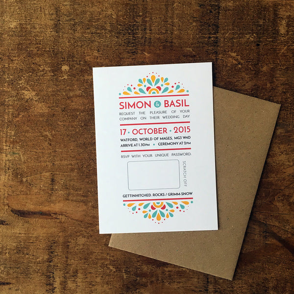 Modern, festival-feel wedding invitation