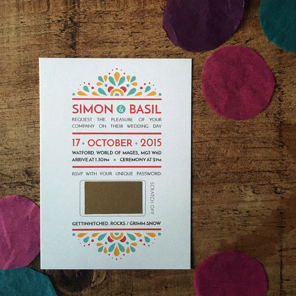 Modern, festival-feel wedding invitation
