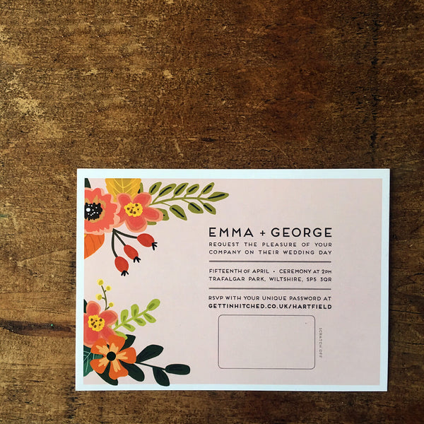 Floral, rustic wedding invitation