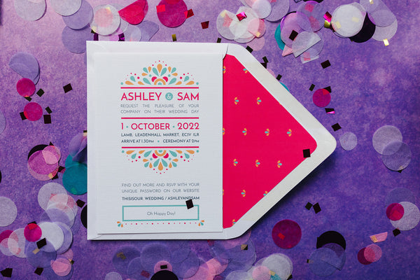 Modern, festival-feel wedding invitation